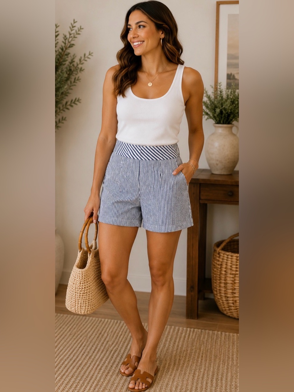 715 Trina Turk Size 4 Navy White Striped Seersucker Shorts High Rise Stretch
